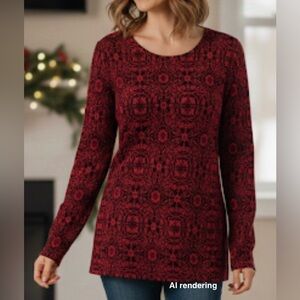 J JILL Red & Black Floral Print Crew Neck Long Sleeve Tunic Sweater | XS